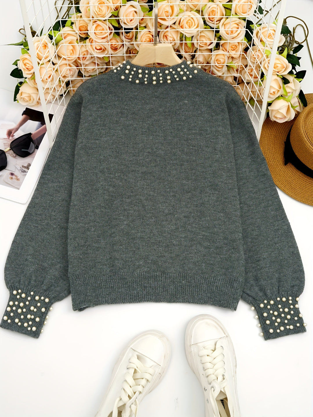 Bea - Elegant Pearl-Embellished Mock Neck Sweater for Women